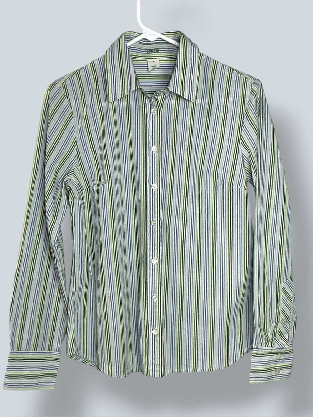 J Crew Botton Down Shirt 100% Cotton Long Sleeve Green Blue Stripe Womens Medium